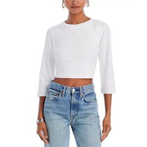 RE/DONE Cropped Varsity Tee in Optic White Cream Stitch Size S